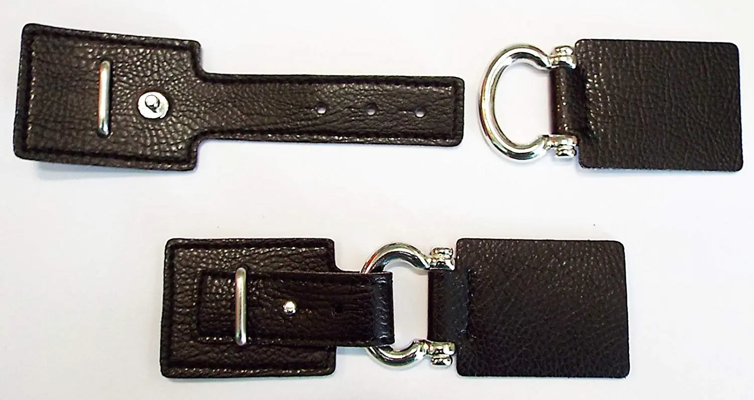 Bekleidungsverschluss aus Kunstleder und Metall schwarz mit Lasche und Dorn 130 x 40 mm