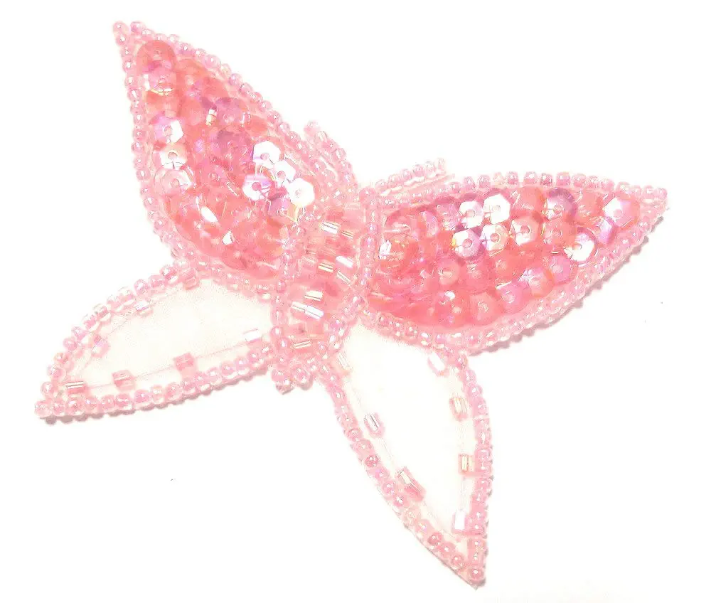 Applikation Schmetterling, rosa mit Pailletten und Perlen zum Anstecken 75 x 55 mm