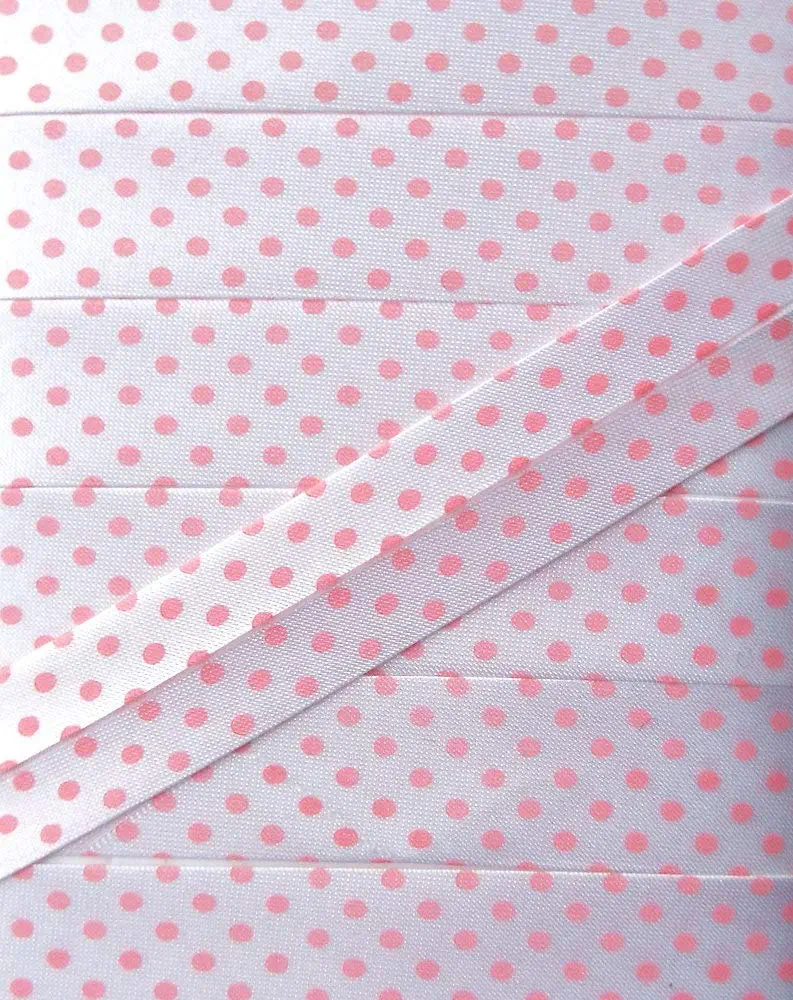 Satinschrägband Punkte 18 mm weiß/rosa