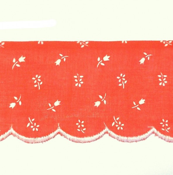 Baumwollspitze rot, Lochstickerei mit weißen Blüten und weißer Bogenkante 55 mm