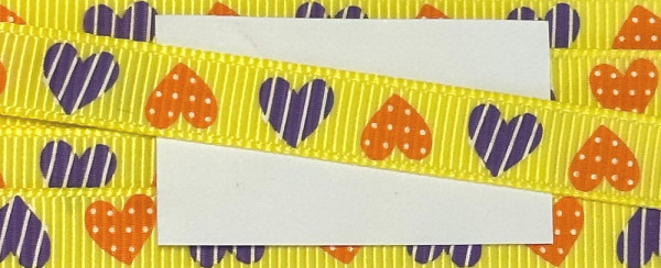 Ripsband 10 mm gelb/violett/orange Herzen