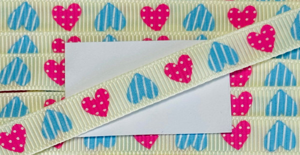 Ripsband 10 mm zart gelb/pink/hellblau Herzen