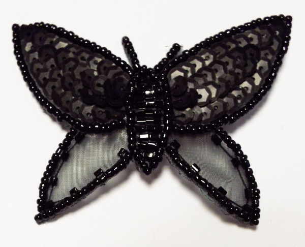 Applikation Schmetterling, schwarz mit Pailletten und Perlen zum Anstecken 75 x 55 mm